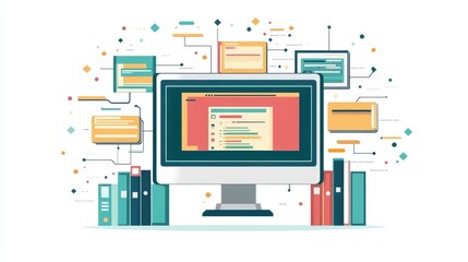 Flat design depicting the concepts of software development database management and digital workplace tools