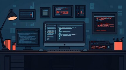 Flat Design of a Backend Server Workspace with Coding Screens Digital Devices and Productivity Tools for Software Development