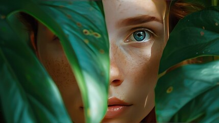 Wall Mural - Close-up of a Woman's Eye Partially Hidden by Lush Greenery