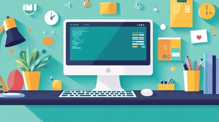 of a modern digital workspace focused on software development and UXUI design The image showcases a clean minimalist desktop setup with various productivity tools programming interfaces