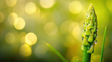 Wall Mural - Close-up of a dewy asparagus spear against a blurred background.