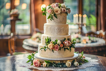 Sticker - Elegant three-tiered wedding cake adorned with fresh flowers and greenery sits atop a lace tablecloth on a ornate wooden table at a luxurious restaurant.