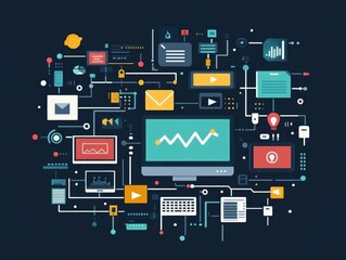 of the modern software development and API process using a flat design style  The image shows various icons and elements related to technology programming analytics and digital solutions
