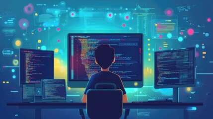 depicting software development DevOps practices and technology in a flat minimalist design style  The image showcases a futuristic digital landscape with various elements related to programming