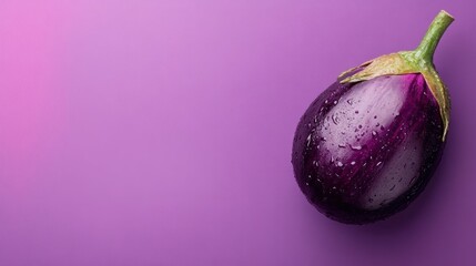 Canvas Print - Single fresh eggplant with water drops on purple background.