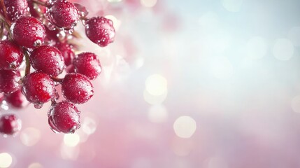 Wall Mural - Red berries with water drops on pink background.