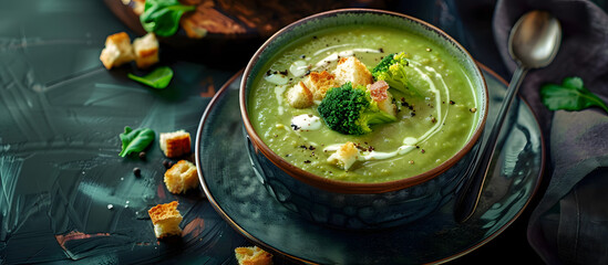 Wall Mural - Copy space image of broccoli soup in a ceramic bowl with cream, bread croutons, on a dark backdrop.