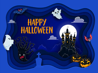 Wall Mural - Halloween paper cut banner with holiday characters and dark castle. Fall season scary holiday, autumn witchcraft party paper cut vector poster with ghosts, bats, tree and pumpkin scary personages