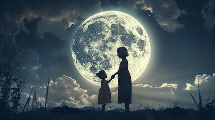 Wall Mural - old woman standing in front of the moon holding the hand of a teendage girl