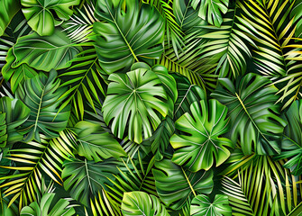 Sticker - Vibrant green tropical leaves in a seamless repeating pattern on a transparent background, perfect for summer designs, wallpapers, and textures with a natural feel.