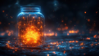 A glowing orb of data inside a glass jar, representing the digital age.