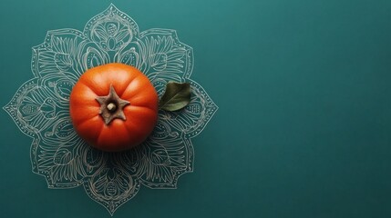 Sticker - Orange fruit with leaf on a teal background with a white mandala.