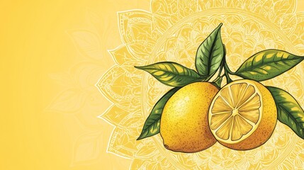 Wall Mural - Two lemons with green leaves against a yellow floral background.