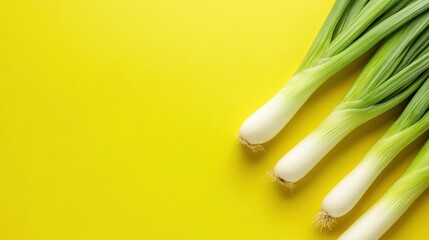 Poster - Fresh green onions arranged on a bright yellow background.