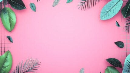 Wall Mural - Green leaves frame a pink background.