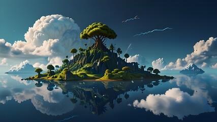 Wall Mural - A Fantasy-inspired Floating Island with a Modern Twist, Overlooking a Scenic Blue Sky and Clouds Background - Generative Ai