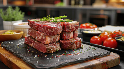 Poster - Five cut steaks stacked on a black stone slab on a kitchen preparation table, surrounded by other side dishes, tempting and delicious looking, wooden tabletop. Generative AI.