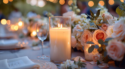 Wall Mural - A glass pillar candle placed on a long wedding dining table, The table is beautifully decorated with flowers and elegant tableware. creating a festive and elegant atmosphere. Generative AI.