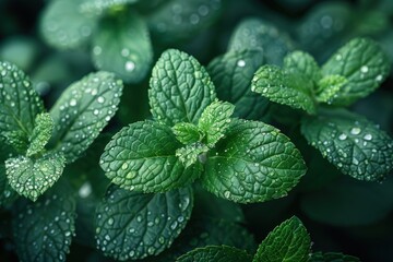 Wall Mural - Fresh Green Mint Leaves with Dew Drops.