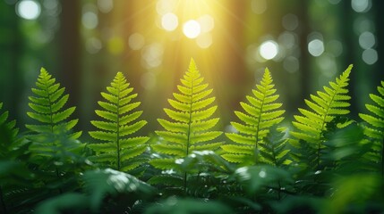 Wall Mural - Closeup of ferns with sunlit background in a lush forest.