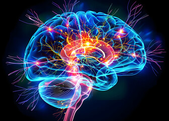 Poster - Colorful abstract brain scan x-ray image on a dark blue background with glowing neural connections and circuitry, ideal for medical and technology concepts.