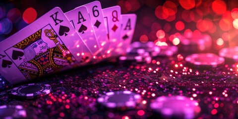 A royal flush of playing cards on a table covered in poker chips and sparkles in a casino setting.