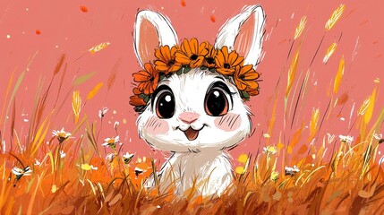 Wall Mural - Cute Bunny with Flower Crown in a Field