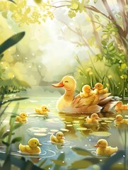 Wall Mural - A mother duck and her ducklings swimming in a pond on a sunny day.