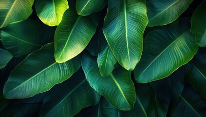 Wall Mural - A close-up shot of the vibrant green leaves of banana tree.