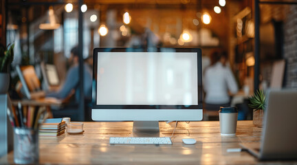 Aufkleber - Mockup of blank screen desktop computer and blurry people working at creative office background. Generative AI.