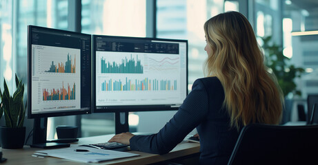 A business woman sits at her desk in an office, using two monitors to view and display graphs and data analytics on both screens, creating charts for company performance.