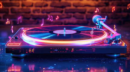 Fototapete - A neon record player with spinning discs and musical notes floating around it. Generative AI.