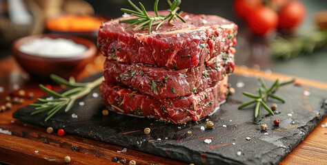 Wall Mural - Five cut steaks stacked on a black stone slab on a kitchen preparation table, surrounded by other side dishes, tempting and delicious looking, wooden tabletop. Generative AI.