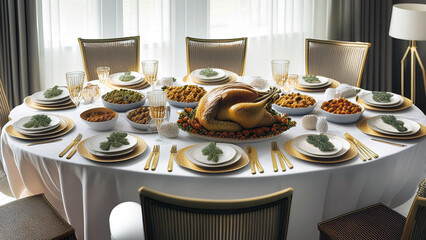 Wall Mural - Elegant Thanksgiving Christmas dinner set on a table with white tablecloth, golden utensils, and chairs