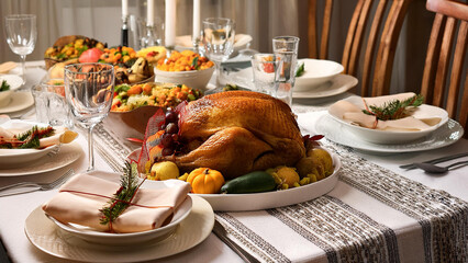 Wall Mural - Elegant Thanksgiving Christmas dinner set on a table with white tablecloth, utensils, and chairs