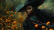 © Khawla - Witchy fashion style, beautiful black woman in dark green and burgundy robes with a witch pointed hat soft motion blur for halloween
