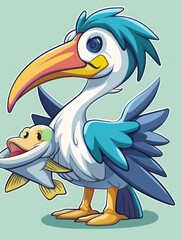 Poster - Cartoon pelican holding a fish in its beak.