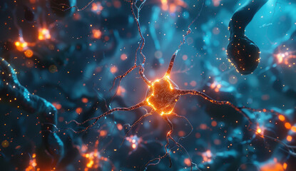 Wall Mural - A close-up of neural networks, with glowing connections between neurons and bright light effects on the background