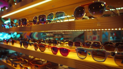 Colorful sunglasses displayed on illuminated wooden shelves.