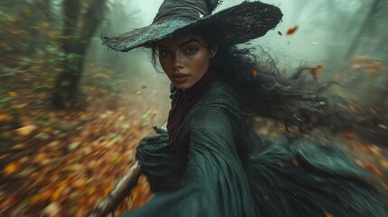 Witchy fashion style, beautiful black woman in dark green and burgundy robes with a witch pointed hat soft motion blur for halloween