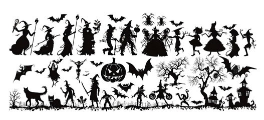 Wall Mural - Collection of halloween silhouettes icon and character., witch, creepy and spooky elements for halloween decorations, silhouettes, sketch, icon, sticker. Hand drawn vector illustration - Vector