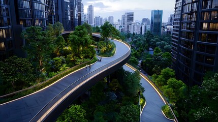 futuristic urban pathway surrounded by greenery, showcasing modern architecture and environmental ha