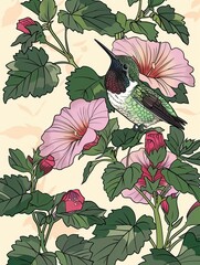 Sticker - Hummingbird perched on pink flower with green foliage.