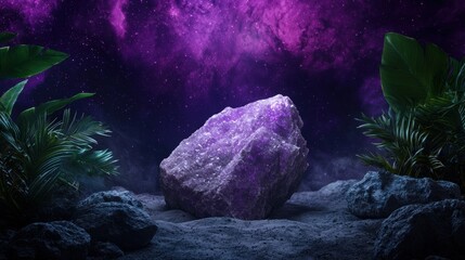 Wall Mural - Glowing amethyst crystal in mystical night forest landscape