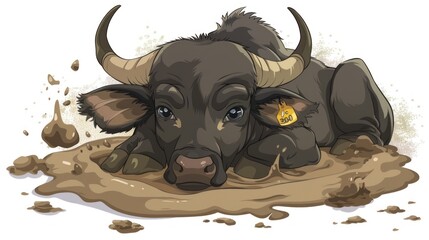 Wall Mural - Cartoon buffalo in a mud puddle.