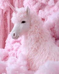 Poster - Fluffy white unicorn in a pink cloud-like background