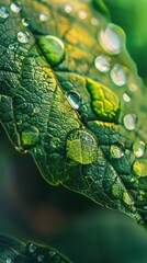 Sticker - Closeup of water droplets on a green leaf.