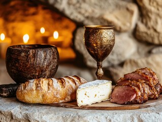 Wall Mural - Rustic Bread, Cheese, and Meat Platter with Ornate Goblet