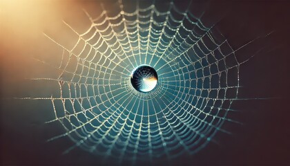 Close-up of a Dew-Covered Spider Web with a Glowing Orb in the Center, Nature Macro Photography