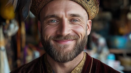 Wall Mural - Smiling man with beard wearing traditional headgear